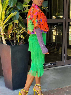 High Waisted Fringe Skirt