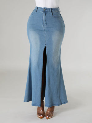 Front Slit Denim Skirt