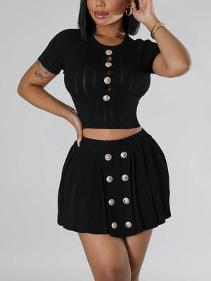 Knit Button Cutout Skirt Set