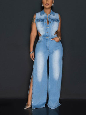 Snap It Out Wide Denim Jumpsuit