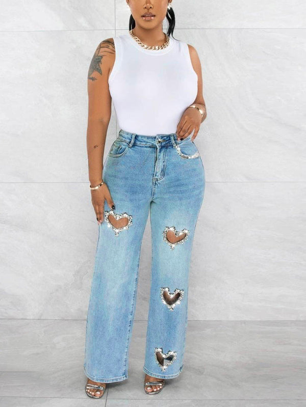 Rhinestones Heart Jeans