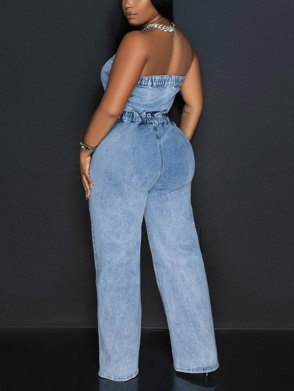 Denim Button Strapless Jumpsuit