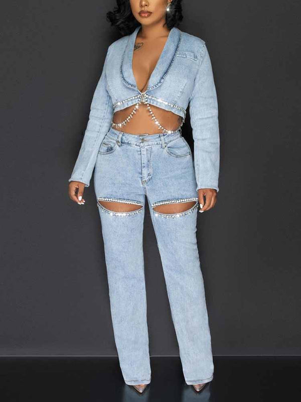 Rhinestone Cutout Jeans