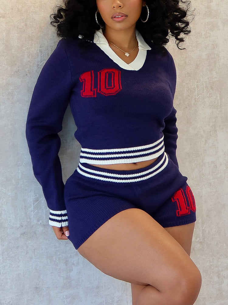 10 Knit Collared Top & Shorts Set