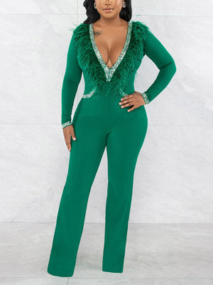 Feather V Neck Jumpsuit