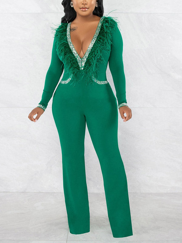 Feather V Neck Jumpsuit