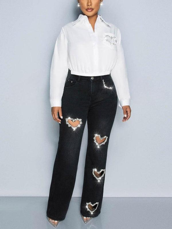 Rhinestones Heart Jeans