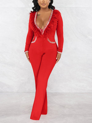 Feather V Neck Jumpsuit