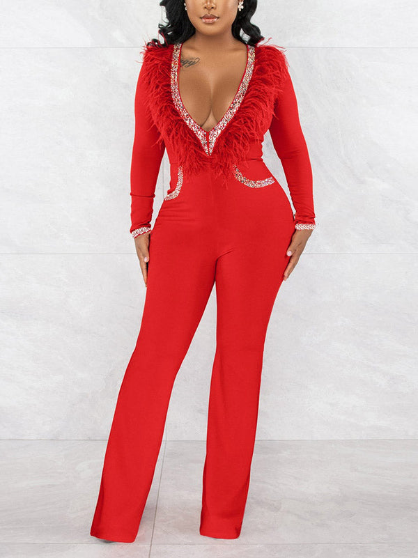 Feather V Neck Jumpsuit