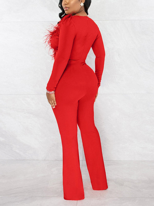 Feather V Neck Jumpsuit