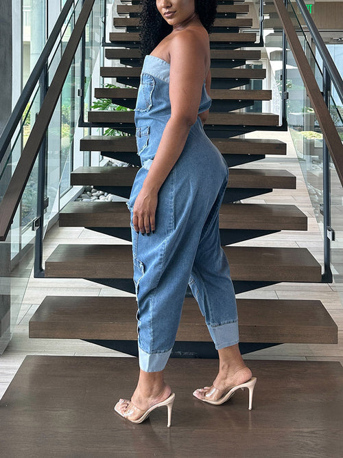 Strapless Cargo Denim Loose Jumpsuit