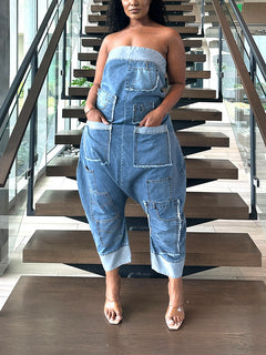 Strapless Cargo Denim Loose Jumpsuit