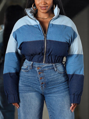 Color Block Denim Puffer Jacket