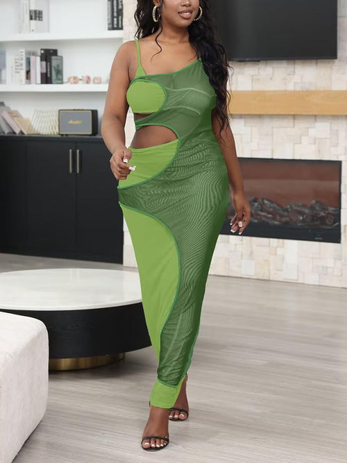 Contrast Cutout Mesh Maxi Dress