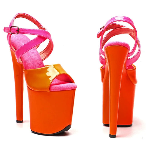 YM & Dancer S539 20cm/ 8inches Patent  PU Orange with hot pink Starp    platform  high heel sandals  pole dance shoes