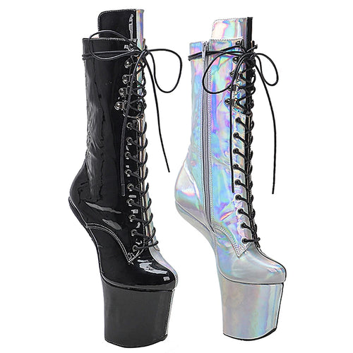 YM & Dancer S1040 shinny Black with silver PU Upper Platform Ankle Boots Sexy Exotic heelless pole dance shoes