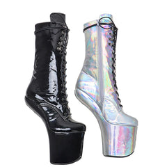 YM & Dancer S1040 shinny Black with silver PU Upper Platform Ankle Boots Sexy Exotic heelless pole dance shoes