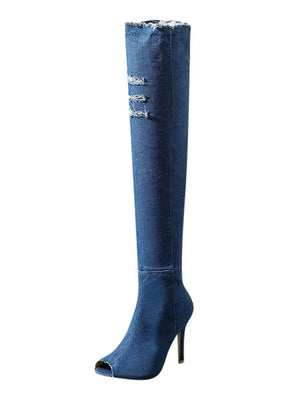 Peep Toe Over The Knee Denim Boots