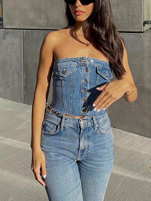 Strapless Button Denim Crop Top