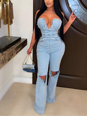 Ripped Strapless Denim Jumpsuit