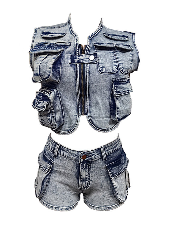 Denim Cargo Vest & Shorts Set