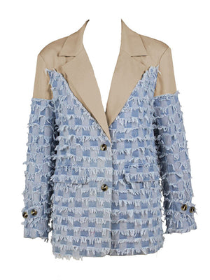 Denim-Fringe Patchwork Blazer