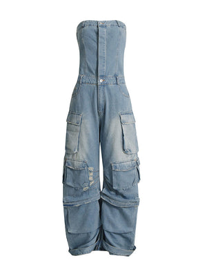 Denim Strapless Cargo Jumpsuit