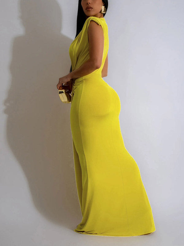 Elegant Plunge Draped Maxi Dress