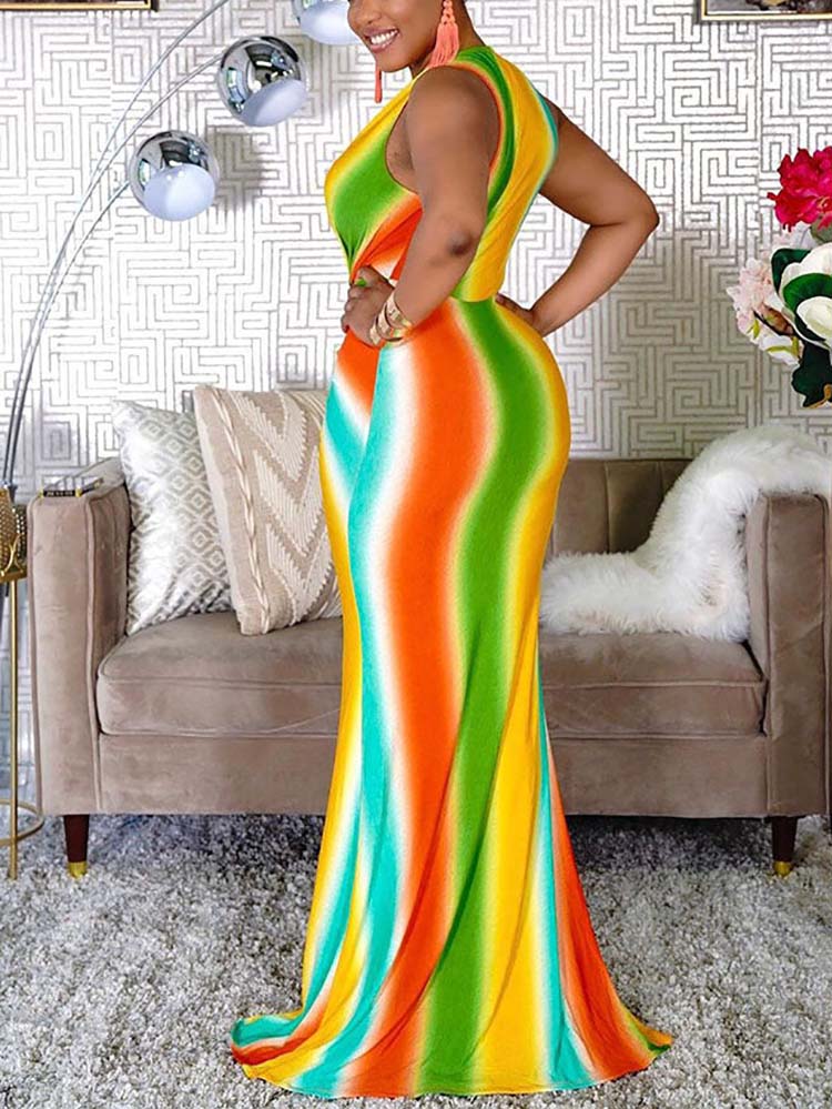 Multicolor V Neck Bodycon Maxi Dress