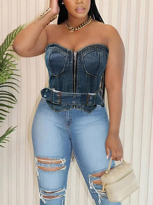 Denim Belted Zip Tube Top