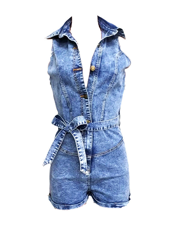 Denim Button Romper With Belt