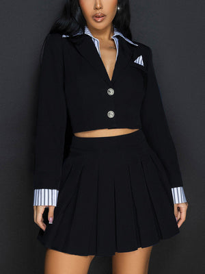 Pinstripe Crop Blazer Pleated Skirt Set