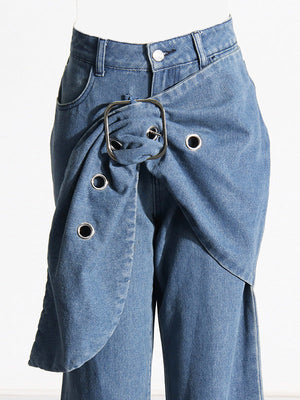 Asymmetrical Buckle Denim Jeans