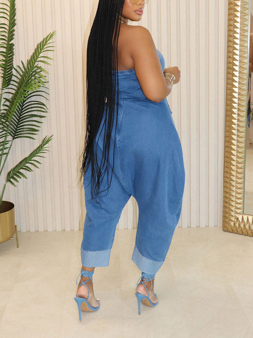 Strapless Cargo Denim Loose Jumpsuit