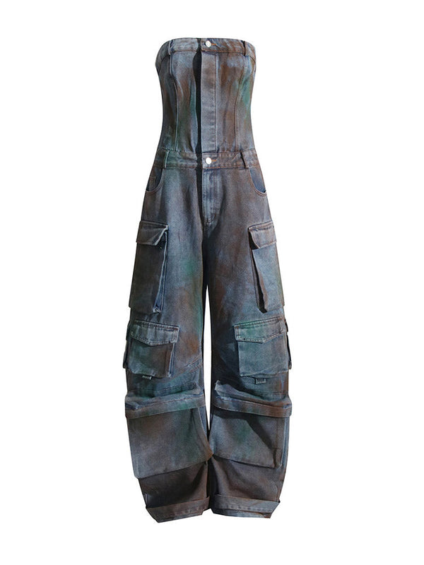 Denim Strapless Cargo Jumpsuit