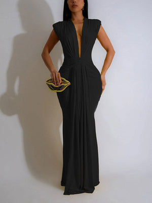 Elegant Plunge Draped Maxi Dress