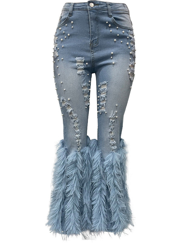 Pearl Feather Distressed Denim Jeans