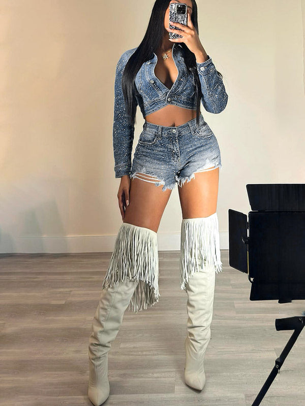 Rhinestone Denim Jacket & Shorts Set