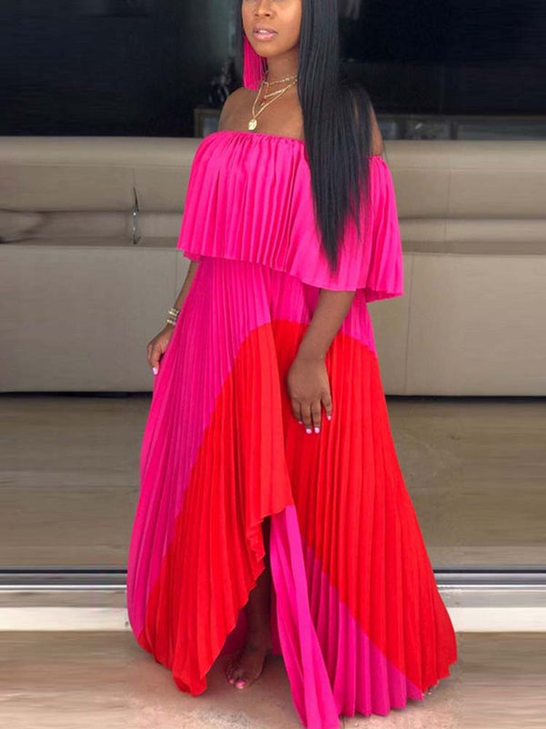 Off Shoulder Ombre Pleated Maxi Dress