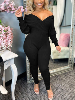 Off Shoulder Ribbed Jumpsuit