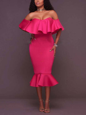 Off  Shoulder Ruffle Bodycon Midi Dress