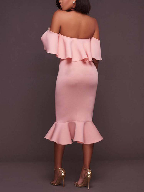 Off  Shoulder Ruffle Bodycon Midi Dress