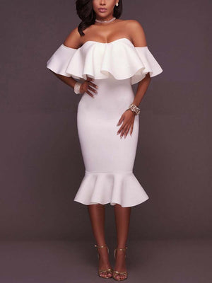 Off  Shoulder Ruffle Bodycon Midi Dress