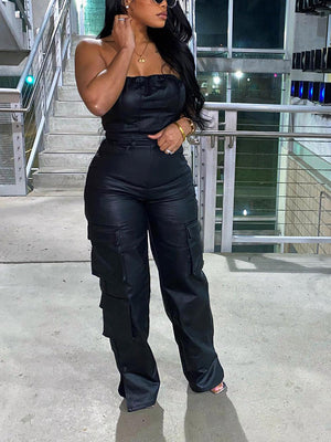 Leather Tube Cargo Jumpsuit