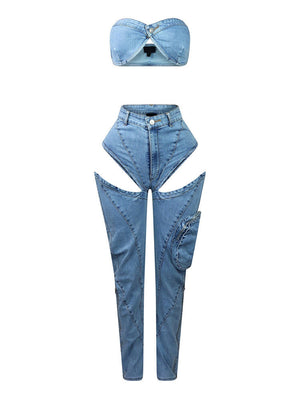 Denim Tube Top & Cutout Pants Set