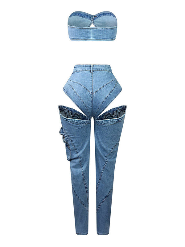 Denim Tube Top & Cutout Pants Set