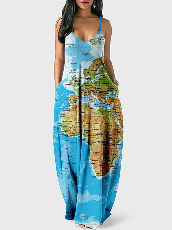 Casual Map Print Spaghetti Strap Maxi Dress