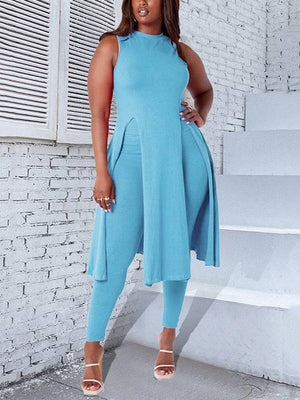 Casual Solid Sleeveless Split Tops & Pant Set