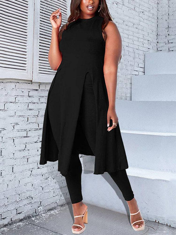 Casual Solid Sleeveless Split Tops & Pant Set