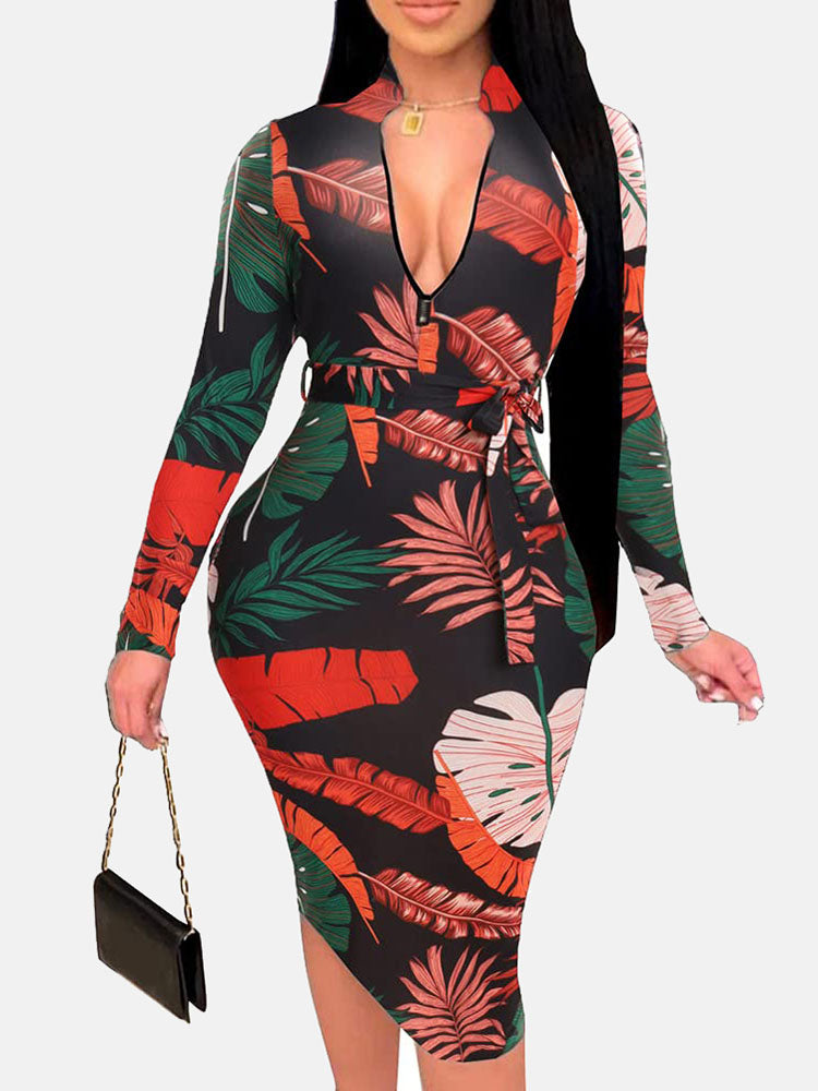 Zipper Print Pencil Midi Dress